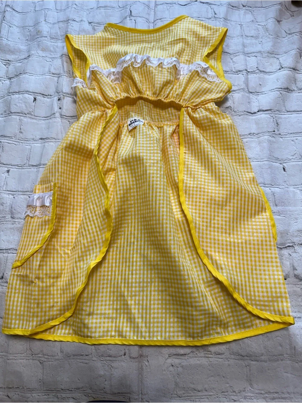 Pet Warrior Dog yellow gingham custom dress. Halloween costume